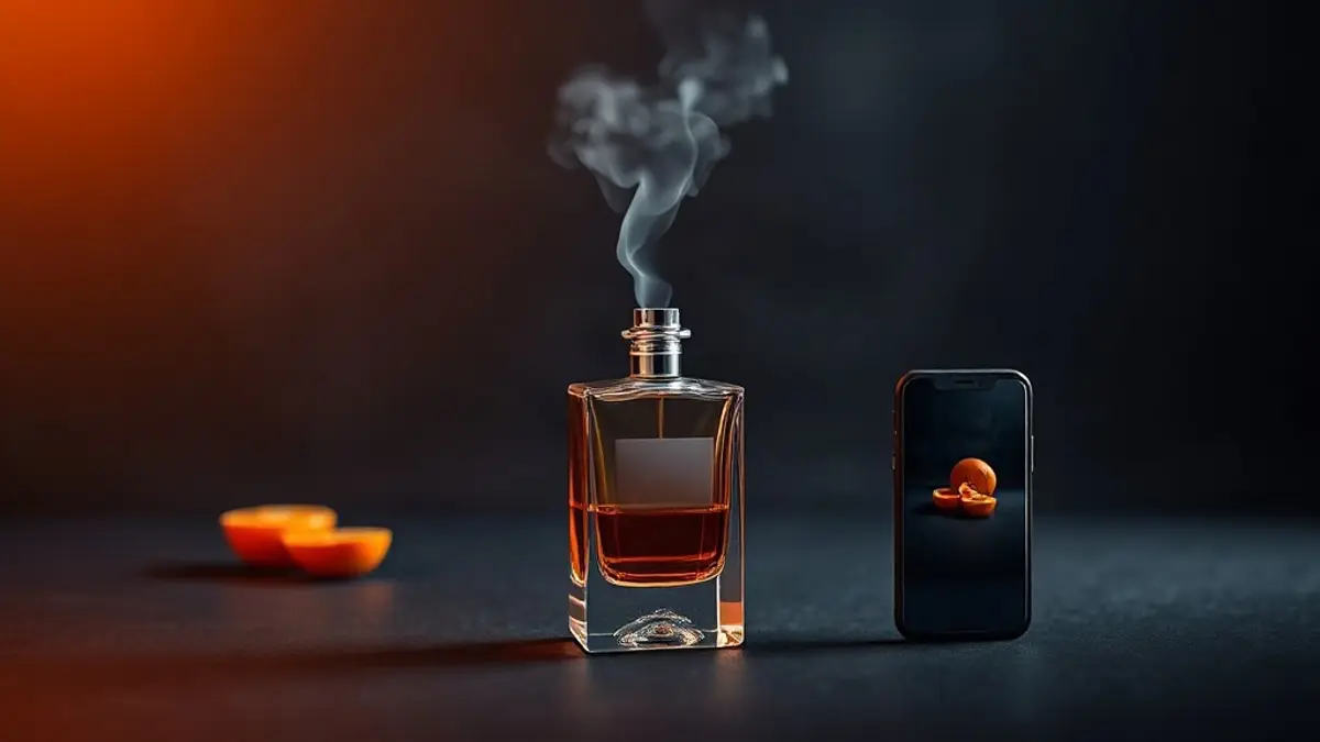 زجاجة عطر أنيقة بلا علامة مع رذاذ يصوّرها هاتف